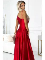 Elegantní dlouhé červené dámské saténové šaty přes jedno rameno model 19422253 - numoco