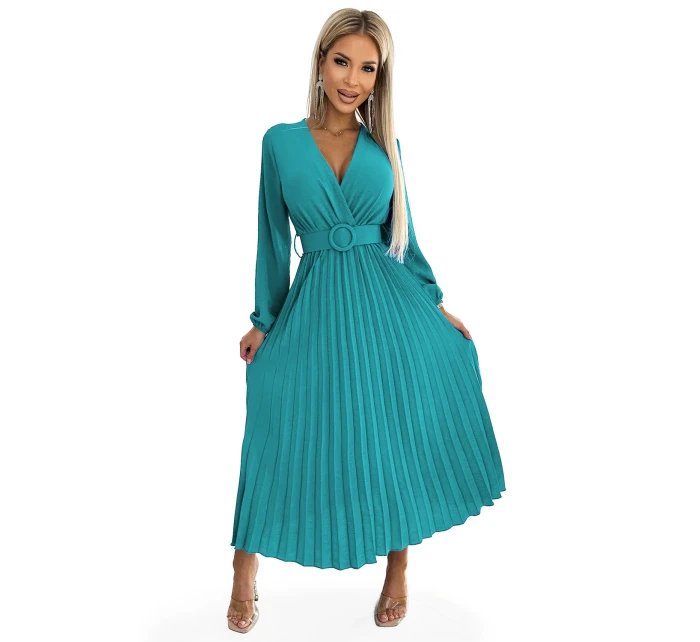 Dámské plisované midi šaty v mořské barvě s výstřihem, dlouhými rukávy a širokým opaskem model 22077536 - numoco basic Dámské plisované midi šaty v mořské barvě s výstřihem, dlouhými rukávy a širokým opaskem model 22077536 - numoco basic