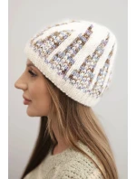 Dámská zimní pletená čepice s ozdobným vzorem K454 ecru + fialový Dámská zimní pletená čepice s ozdobným vzorem K454 ecru + fialový