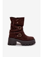 Dámské kotníkové boty na robustním podpatku s přezkami a páskem čokoládové Nerelisa Dámské kotníkové boty na robustním podpatku s přezkami a páskem čokoládové Nerelisa