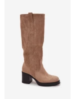 Zateplené dámské kozačky na masivním sloupkovém podpatku Sanelle – béžové