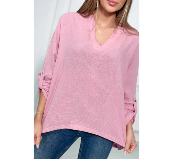 Mušelínová halenka s ohrnutými rukávy světle růžová Mušelínová halenka s ohrnutými rukávy světle růžová