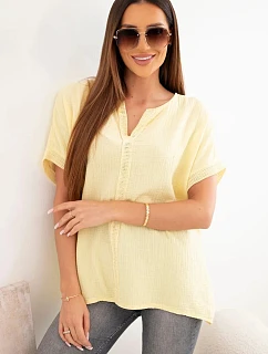 Dámská bavlněná oversize halenka s výstřihem do V a krajkou žlutá