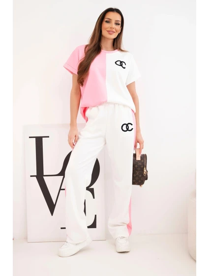 Dámský máslový komplet s oversize mikinou a širokými kalhotami světle růžová + bílá