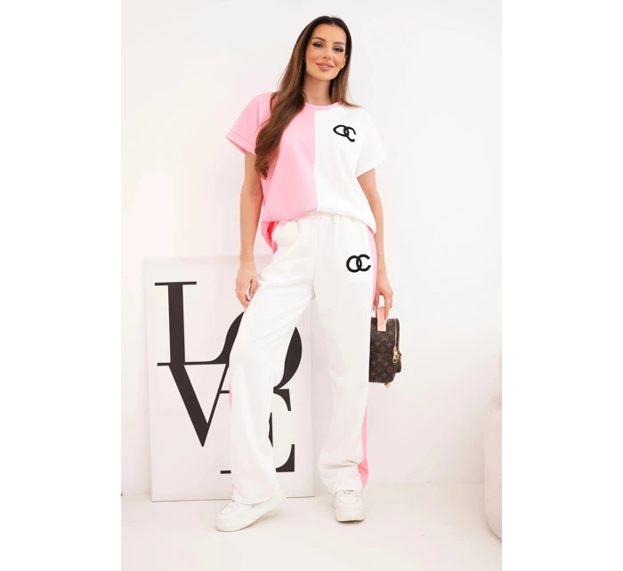 Dámský máslový komplet s oversize mikinou a širokými kalhotami světle růžová + bílá