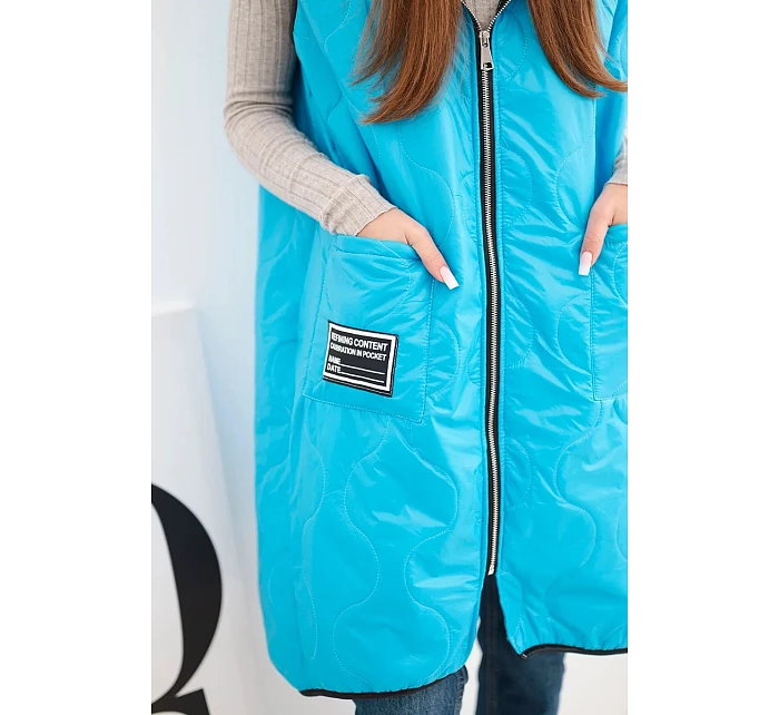 Dámská prošívaná vesta Plus Size s kapucí model 22064343 na zip tyrkysová - K-Fashion