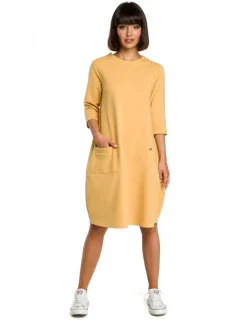 B083 Oversized šaty s přední kapsou - žluté