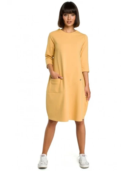 B083 Oversized šaty s přední kapsou - žluté