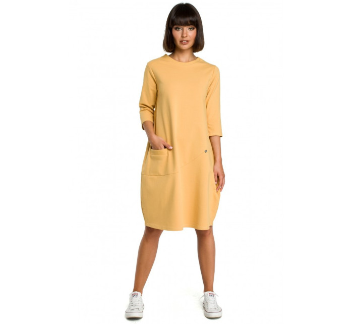 B083 Oversized šaty s přední kapsou - žluté