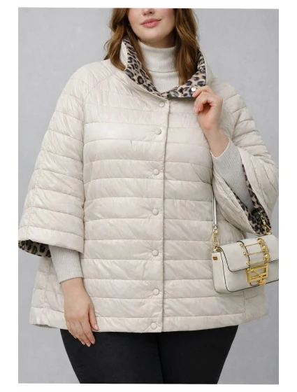 Dwustronna kurtka damska plus size z rękawem 3/4 Goodlookin ecru/panterka (M6-6308-12)