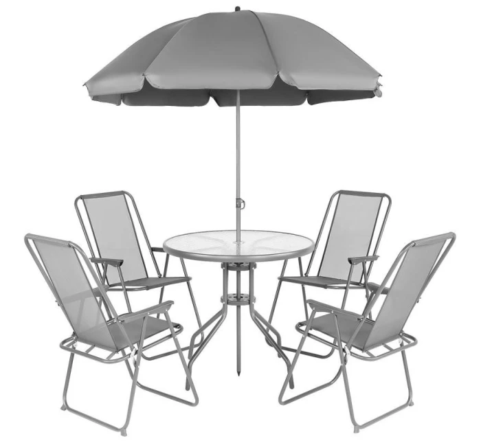 SADA ZAHRADNÍHO NÁBYTKU KULATÝ STŮL 4 ŽIDLE A SLUNEČNÍK TMAVĚ ŠEDÁ SADA ZAHRADNÍHO NÁBYTKU KULATÝ STŮL 4 ŽIDLE A SLUNEČNÍK TMAVĚ ŠEDÁ