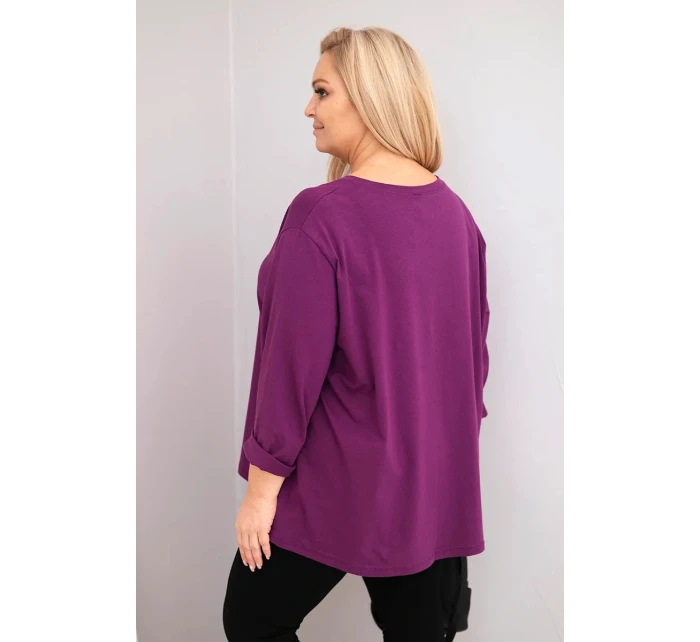 Dámská blůza plus size s bavlnou a dlouhým rukávem a nařasením tmavě fialová