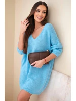 Dámská plus size pletená šaty s výstřihem do V modrá