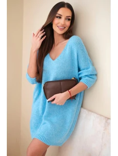 Dámská plus size pletená šaty s výstřihem do V modrá