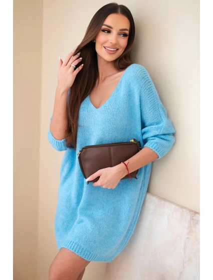 Dámská plus size pletená šaty s výstřihem do V modrá