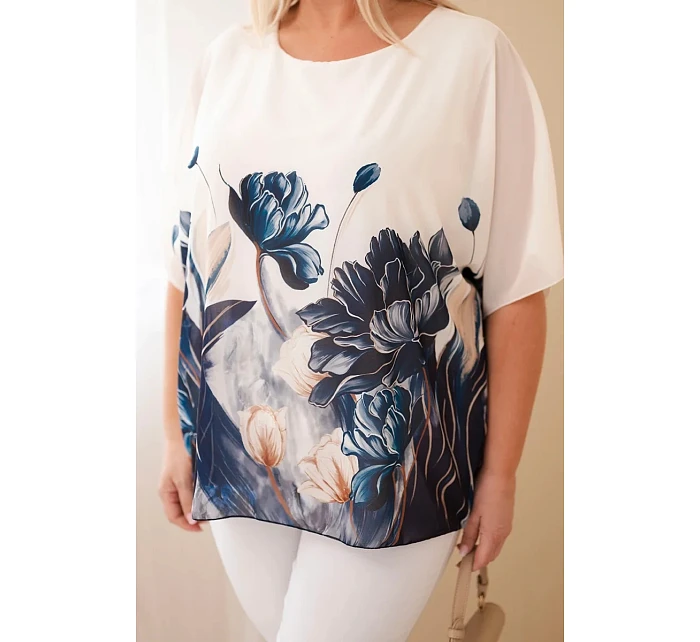 Dámská halenka Plus Size s květinovým potiskem a volným rukávem jeansová