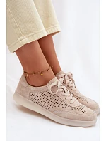 Kožené semišové dámské tenisky s otvory Béžové model 22100230 - Boto Kožené semišové dámské tenisky s otvory Béžové model 22100230 - Boto
