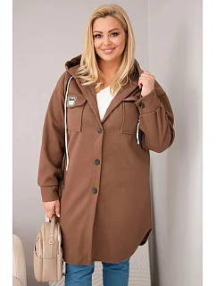 Dámský kabát Plus Size s kapucí zapínaný na knoflíky hnědý