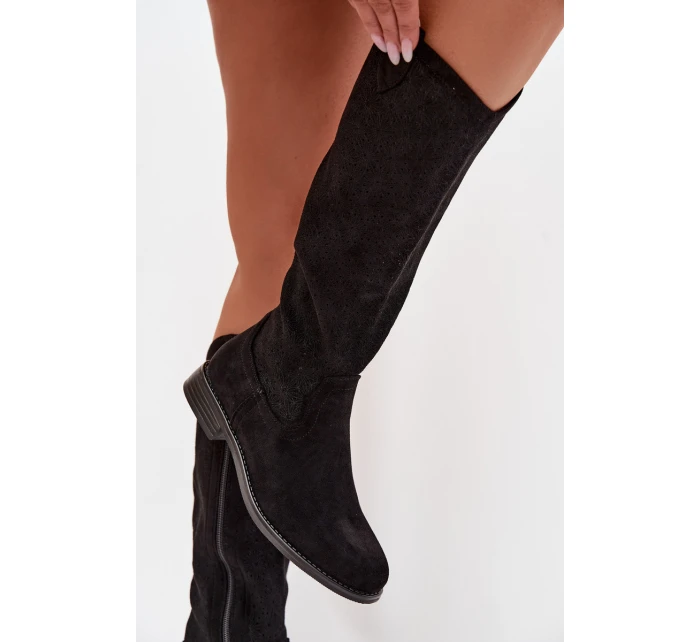 Dámské kozačky s otevřeným vzorem na nízkém podpatku S.Barski HY61-8022 Černé