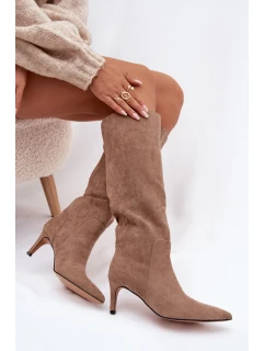 Dámské zateplené kozačky na jehlovém podpatku – tmavě béžové Arelisse