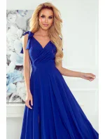 Dlouhé dámské šaty v chrpové barvě s výstřihem a zavazováním na ramenou model 17963861 - numoco