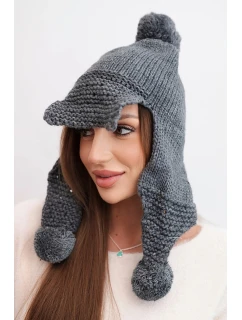 Dámská zimní čepice s vlnou, kšiltem a bambulemi K475 grafitová