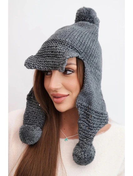 Dámská zimní čepice s vlnou, kšiltem a bambulemi K475 grafitová