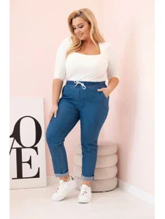 Dámské bavlněné kalhoty Plus Size s elastickým pasem a zavazováním denim