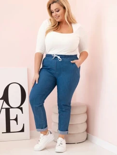 Dámské bavlněné kalhoty Plus Size s elastickým pasem a zavazováním tmavý denim