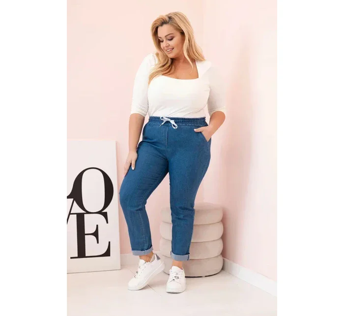 Dámské bavlněné kalhoty Plus Size s elastickým pasem a zavazováním denim Dámské bavlněné kalhoty Plus Size s elastickým pasem a zavazováním denim