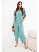 Komplet z viskózy halenka + kalhoty tmavý mentolový