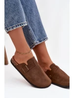 Dámské pantofle a chodaki na platformě s přezkou – hnědé Selio