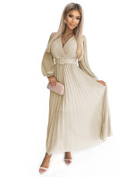 KLARA - Béžové dámské plisované šaty s opaskem a výstřihem 414-8