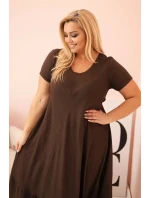 Dámské šaty plus size s krátkým rukávem a volánem z lehké viskózy hnědá