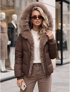 Kurtka damska zimowa pikowana z futerkiem brązowa FashionStreet TY6104