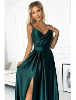 299-9 CHIARA elegantní maxi dlouhé saténové šaty bez ramínek - BOTTLE GREEN