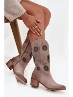 Semišové kožené dámské kozačky s vzorem  Cappuccino model 21713265 - Zazoo