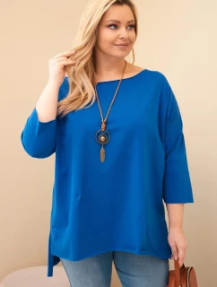 Dámská bavlněná blůza Plus Size asymetrická s náhrdelníkem chabrová