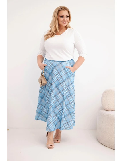 Dámská sukně Plus Size s širokým lemem kostkovaná modrá