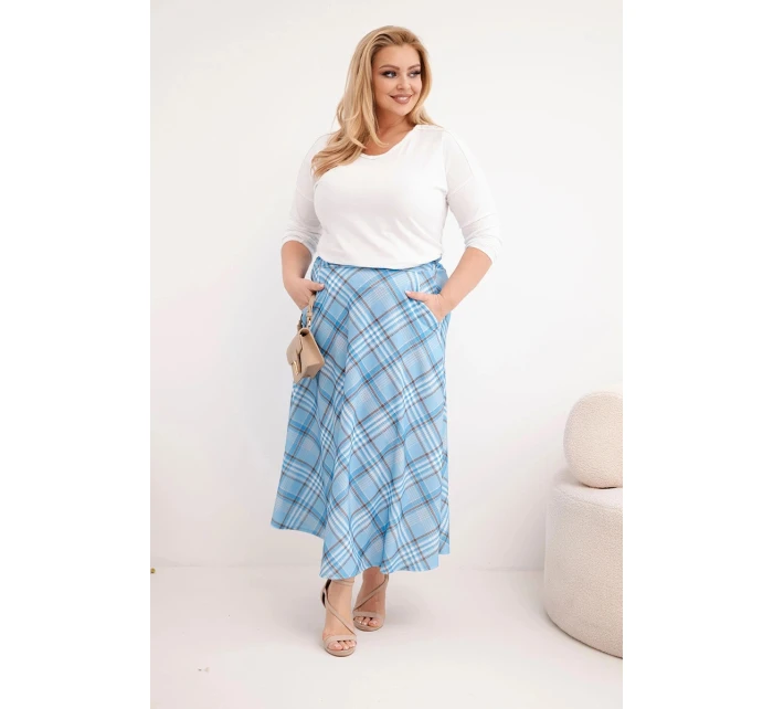 Dámská sukně Plus Size s širokým lemem kostkovaná modrá