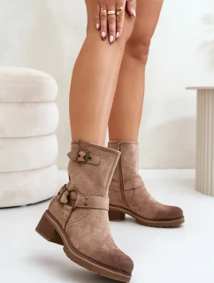 Dámské Botky Na Nízkém Podpatku S Přezkami Tmavě Béžové model 21671197 - Boto