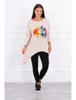 Oversize halenka s potiskem duhových rtů béžová