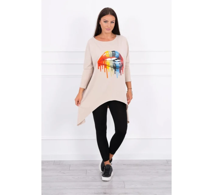 Oversize halenka s potiskem duhových rtů béžová