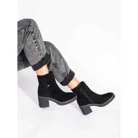 Luxusní dámské  kotníčkové boty černé na širokém podpatku