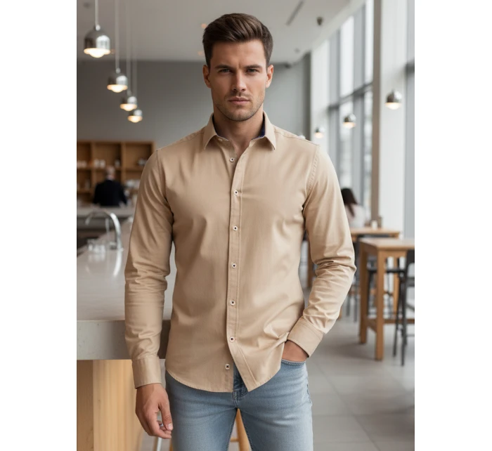Pánská elegantní hladká béžová košile SLIM FIT FashionStreet DX2602 Pánská elegantní hladká béžová košile SLIM FIT FashionStreet DX2602