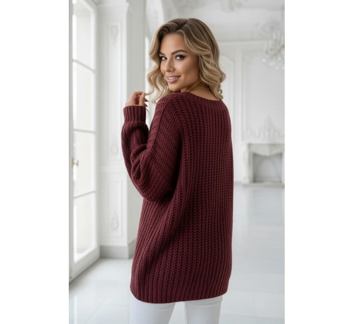 661-1 Teplý svetr oversize s fleecovou vazbou a výstřihem do V - vínový