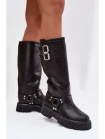 Kožené dámské kozačky s přezkami zateplené Big Star model 21758949 černé - Big Star Shoes Kožené dámské kozačky s přezkami zateplené Big Star model 21758949 černé - Big Star Shoes