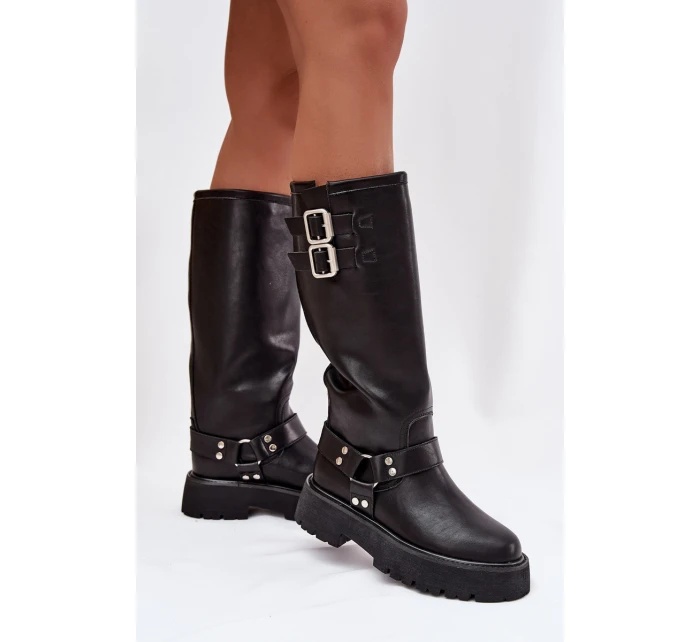 Kožené dámské kozačky s přezkami zateplené Big Star model 21758949 černé - Big Star Shoes Kožené dámské kozačky s přezkami zateplené Big Star model 21758949 černé - Big Star Shoes