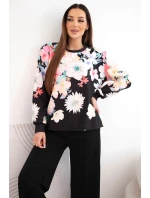 Dámský komplet z měkké viskózy s květinovým vzorem a širokou nohavicí černý