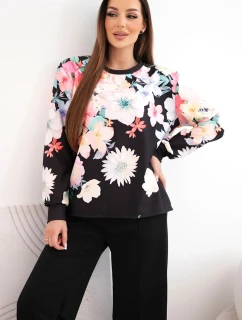 Dámský komplet z měkké viskózy s květinovým vzorem a širokou nohavicí černý